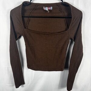 Urban Outfitters Orla Chocolate Brown Square Neck Ribbed Long Sleeve Crop Top